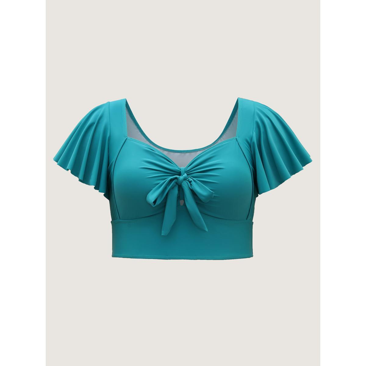 Plus Size Knotted Bodice Flared Sleeve Swim Top Women's Swimwear Teal Beach Tie knot High stretch Skinny Heart neckline Curve Swim Tops BloomChic 10/M Product Image