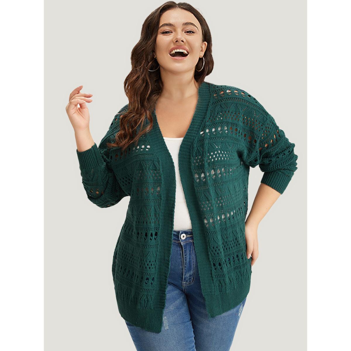 Plus Size Geometric Eyelet Open Front Loose Cardigan Cyan Women Casual Loose Long Sleeve Work Cardigans BloomChic 10/M Product Image