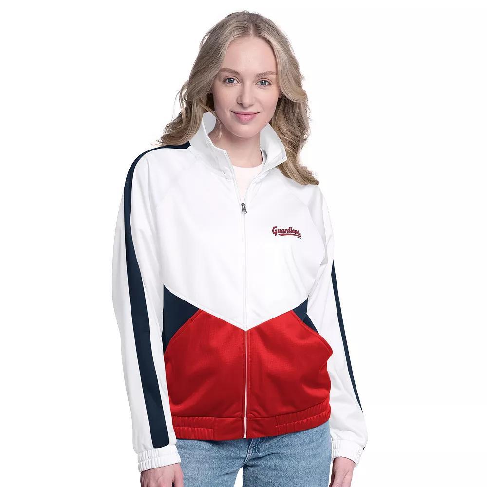 Women's G-III Sports by Carl Banks  White/Navy Cleveland Guardians Rally Rhinestone Raglan Full-Zip Track Jacket, Size: XXL, Grd White Product Image