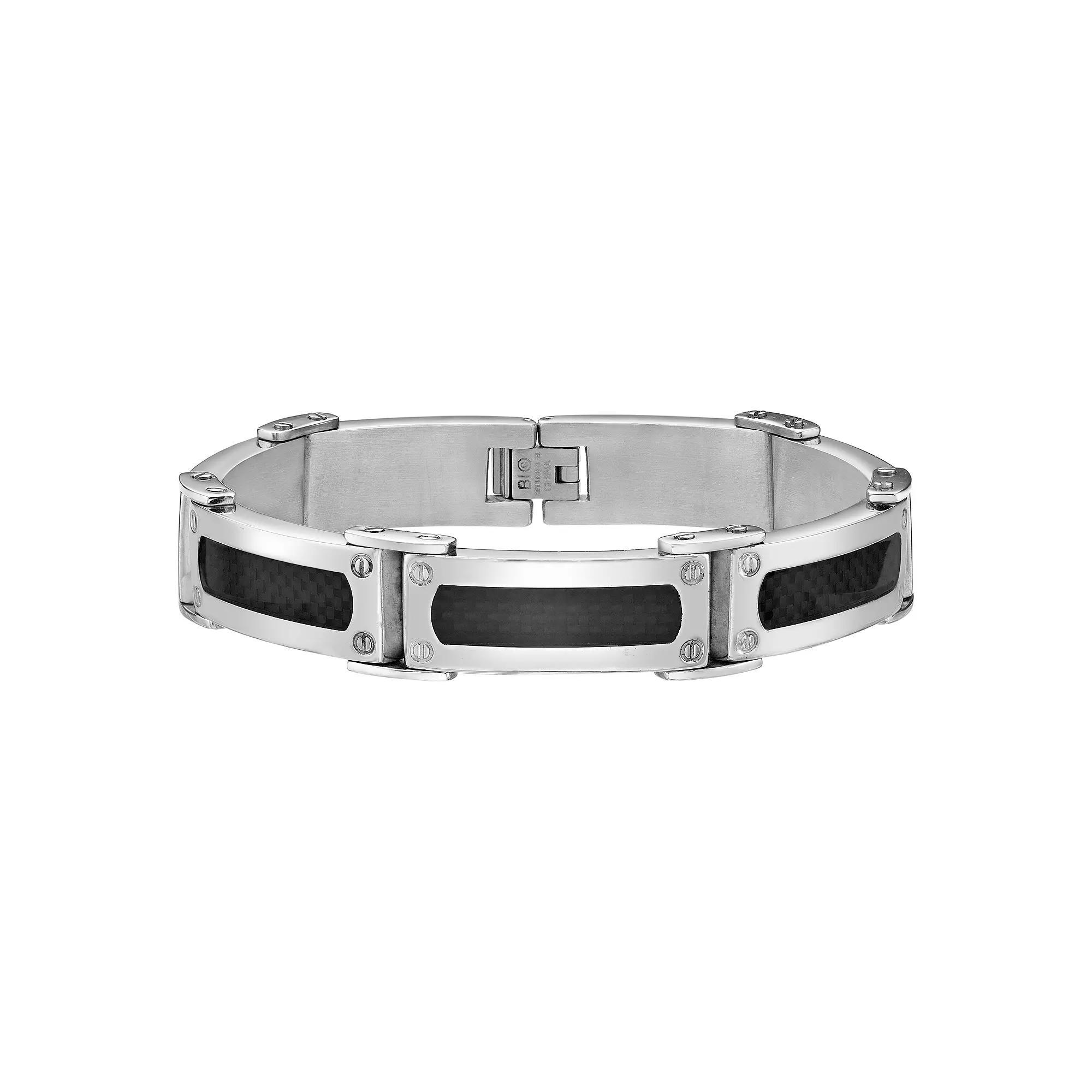 Men's LYNX Stainless Steel Black Carbon Fiber Link Bracelet, Size: 8.5" Product Image