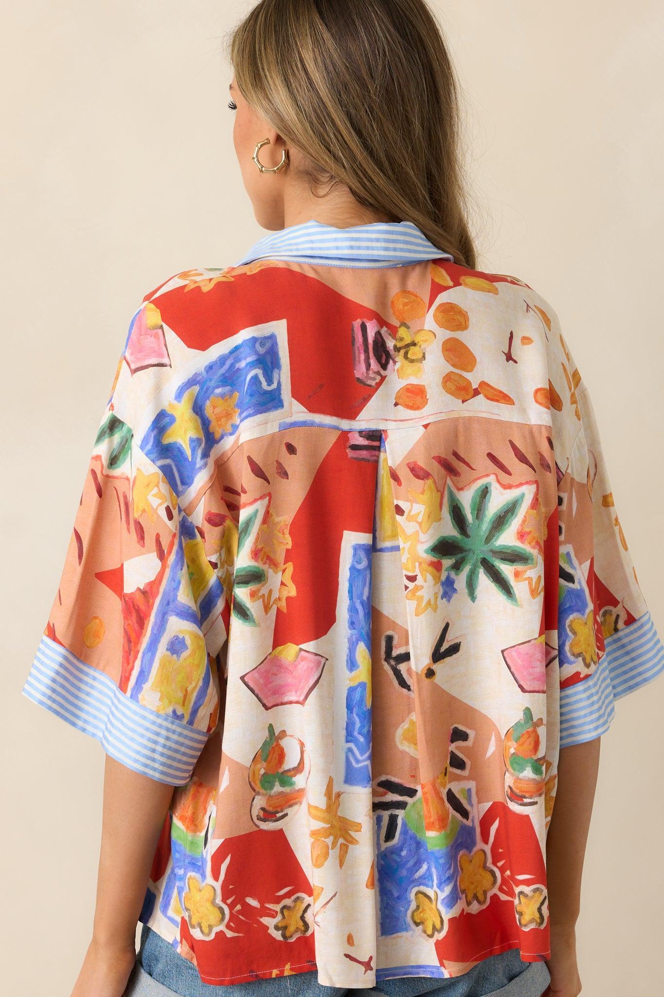 Sunset Tides Red Multi Tropical Print Button Front Top Product Image
