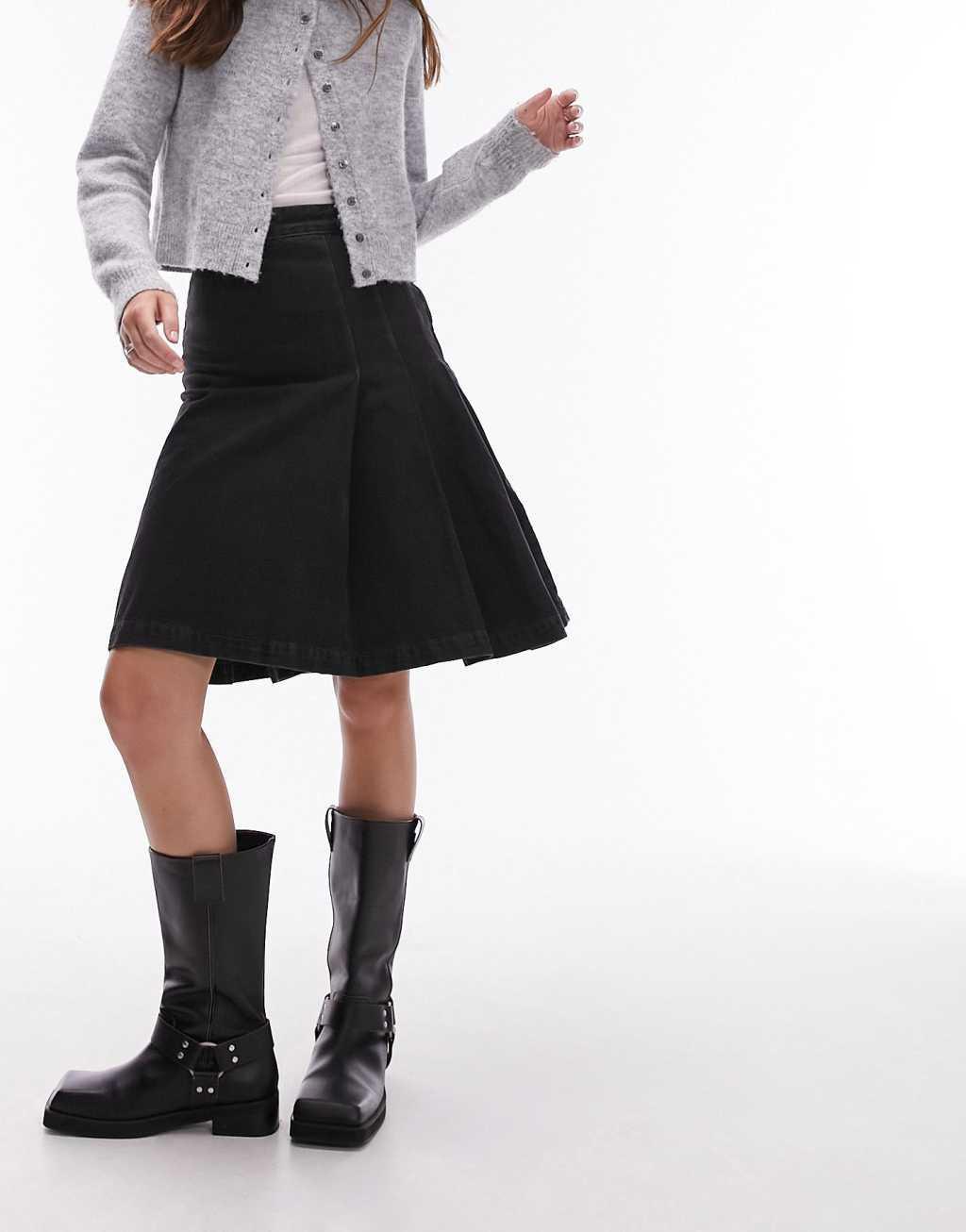 Topshop denim knee length pleat skirt Product Image
