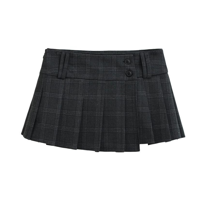 Mid Rise Plaid Asymmetrical Pleated Skort Product Image