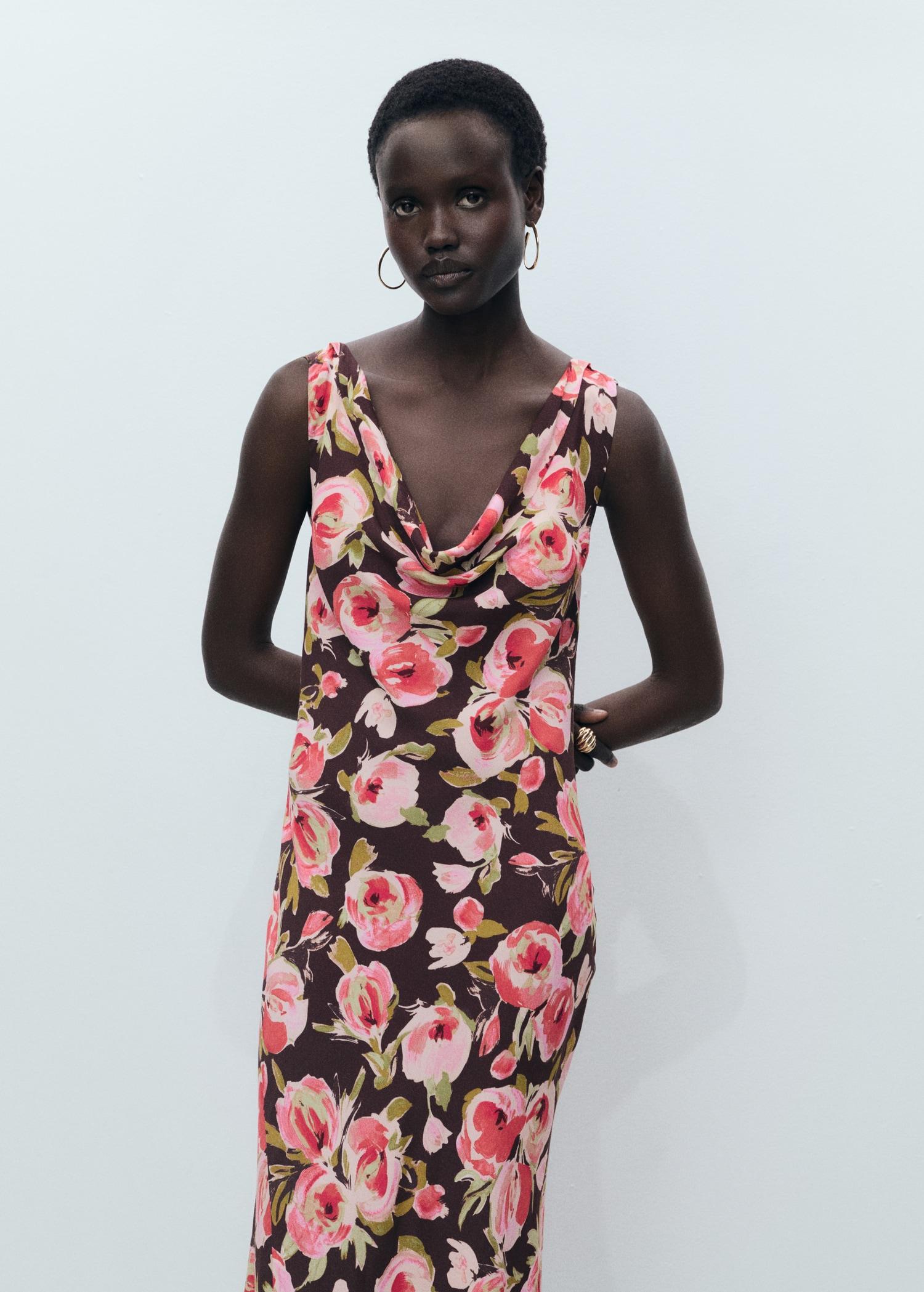 Floral dress with draped neck - Women | MANGO USA Product Image