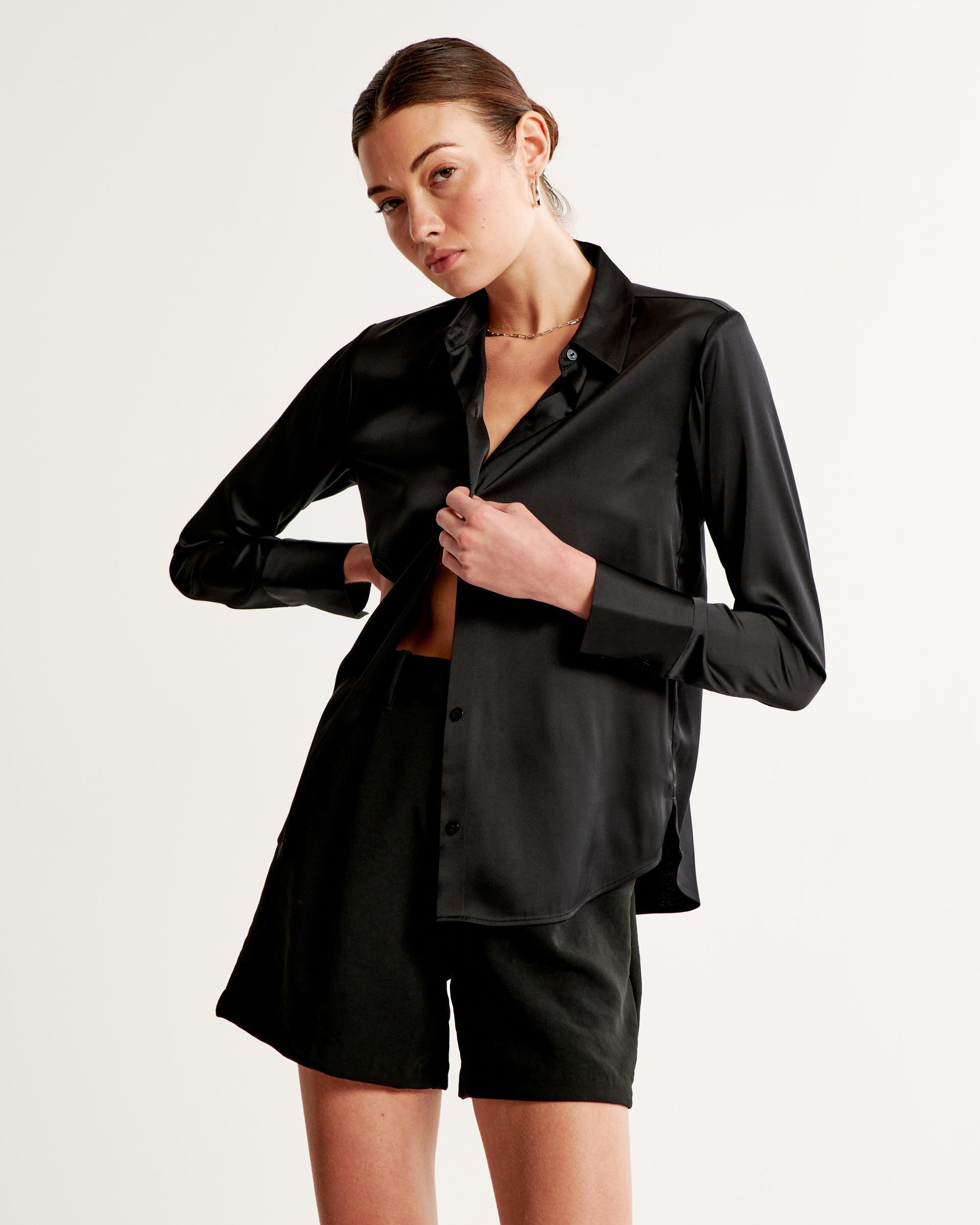 Long-Sleeve Satin Button-Up Shirt Product Image