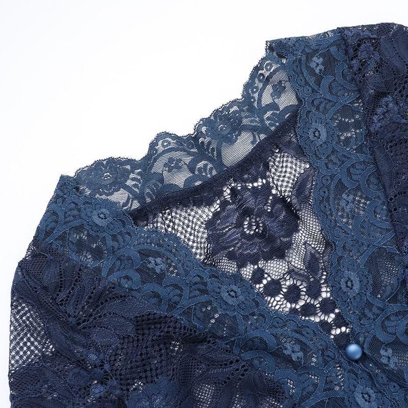 Long Sleeve V-Neck Lace Button Up Cropped Top Product Image