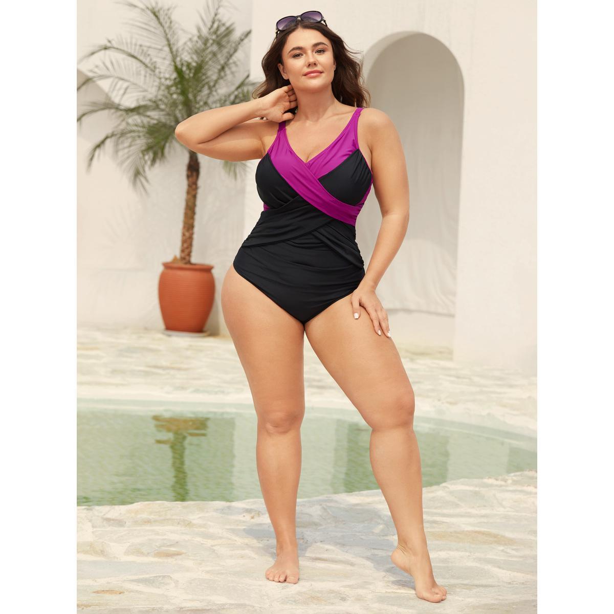 Plus Size Color Block Twist Front One-Piece Swimsuit Women's Swimwear RedViolet Beach Twist Curve Bathing Suits High stretch One Pieces BloomChic 28/5X Product Image