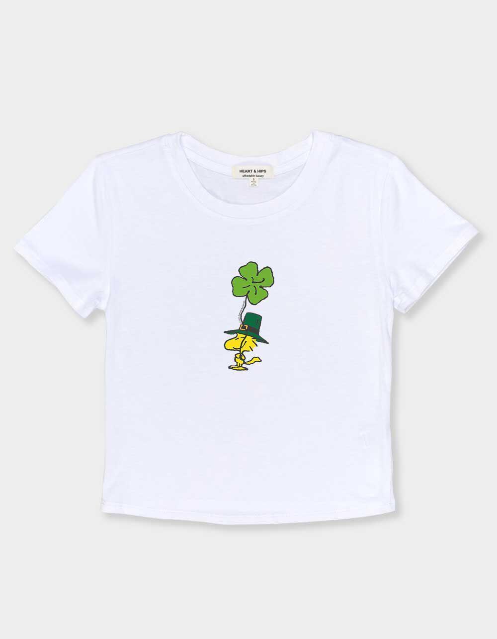 PEANUTS Woodstock Shamrock Womens Baby Tee - WHITE Product Image