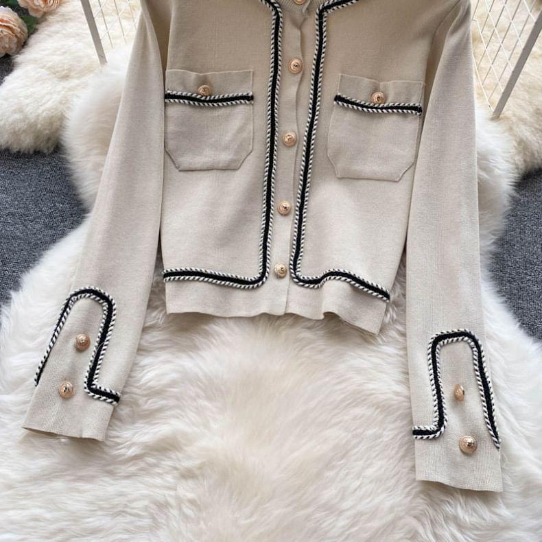 Set: Plain Contrast Trim Cardigan + High Rise Wide Leg Pants Product Image