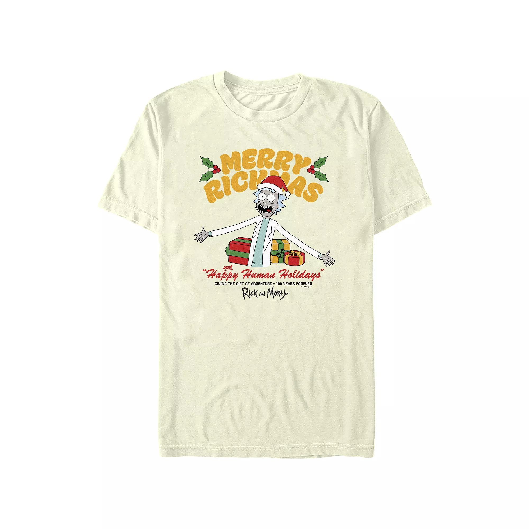 Men's Rick And Morty Merry Rickmas Happy Human Holiday Graphic Tee, Size: Medium, Natural Product Image
