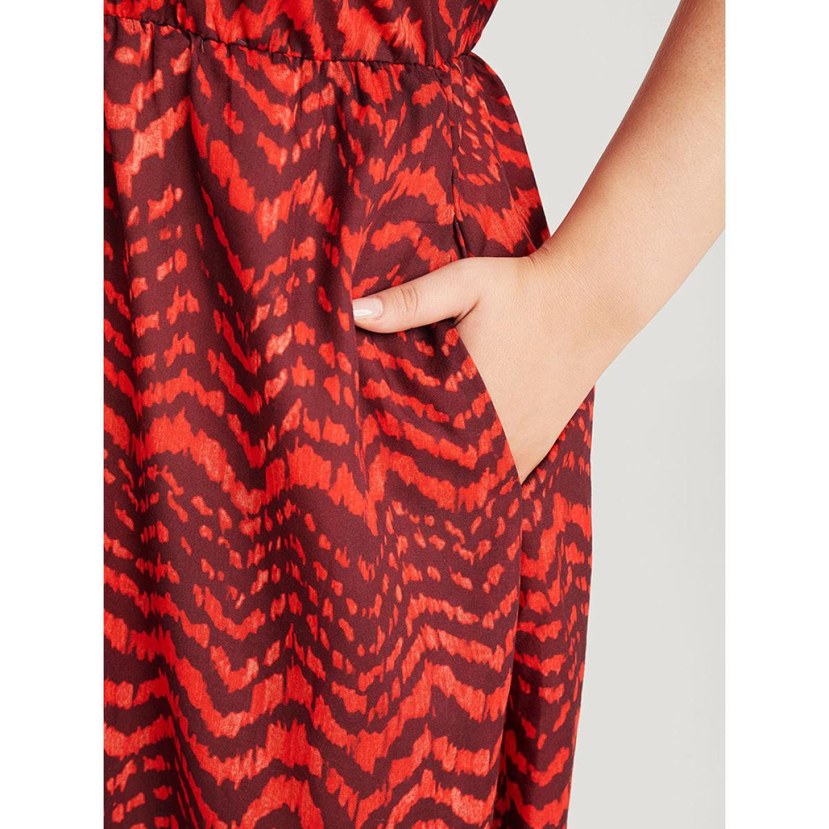 Plus Size Water Ripple Pocket Ruffle Sleeve Lace Dress Scarlet Women Elegant Gathered V-neck Short sleeve Curvy Midi Dress BloomChic 28/5X Product Image