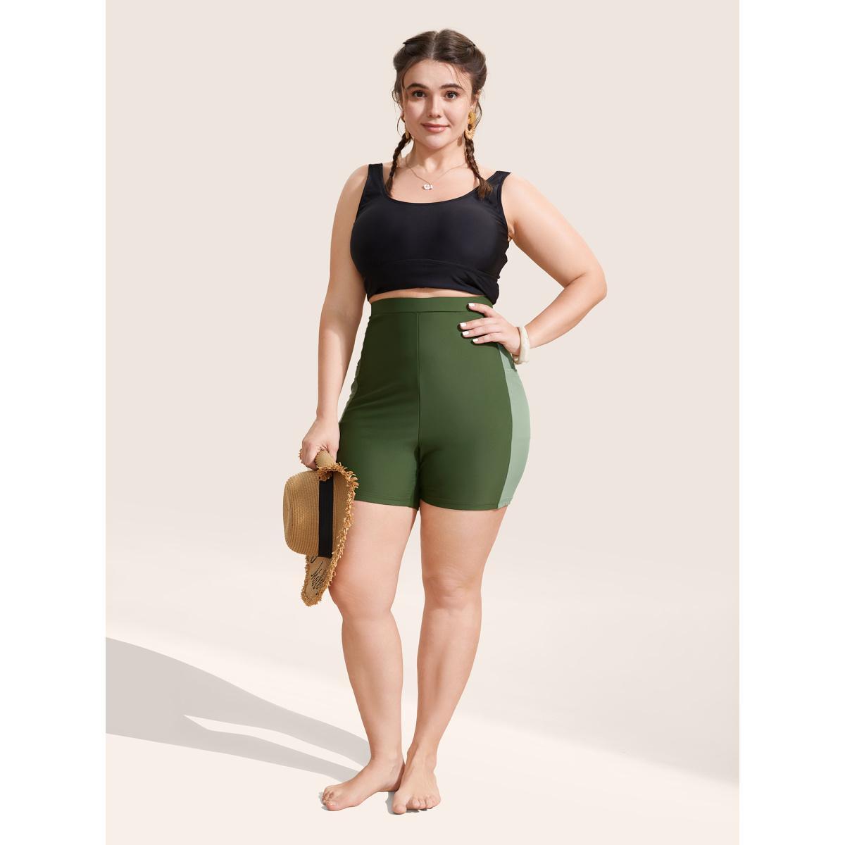 Plus Size Two Tone Patched Pocket Swim Bottom Women's Swimwear ArmyGreen Beach Contrast High stretch Skinny High Rise Side seam pocket Curve Swim Bottoms BloomChic 18-20/2X Product Image