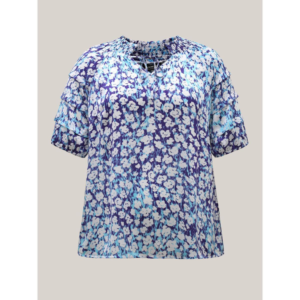 Plus Size Multicolor Cloud Print Shirred Collar Tiered Sleeve Blouse Women Half Sleeve Notched collar Everyday-Elegant Blouses BloomChic 18-20/2X Product Image