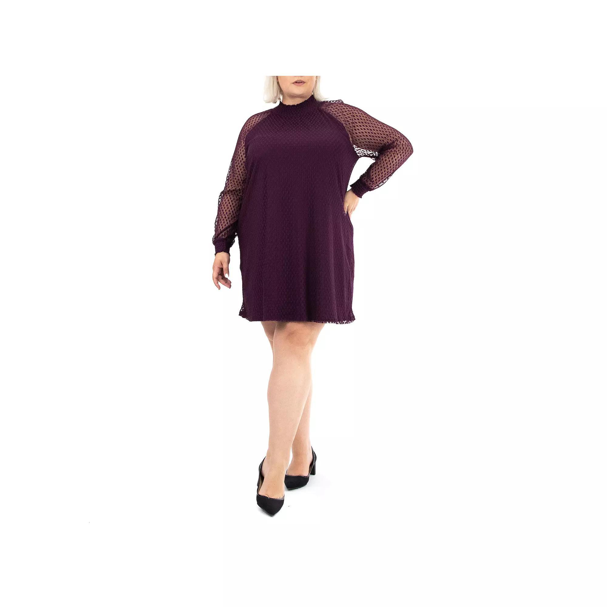 Plus Size Nina Leonard Shirred Mock Neck Dress, Women's, Size: 2XL, Black Plum Product Image