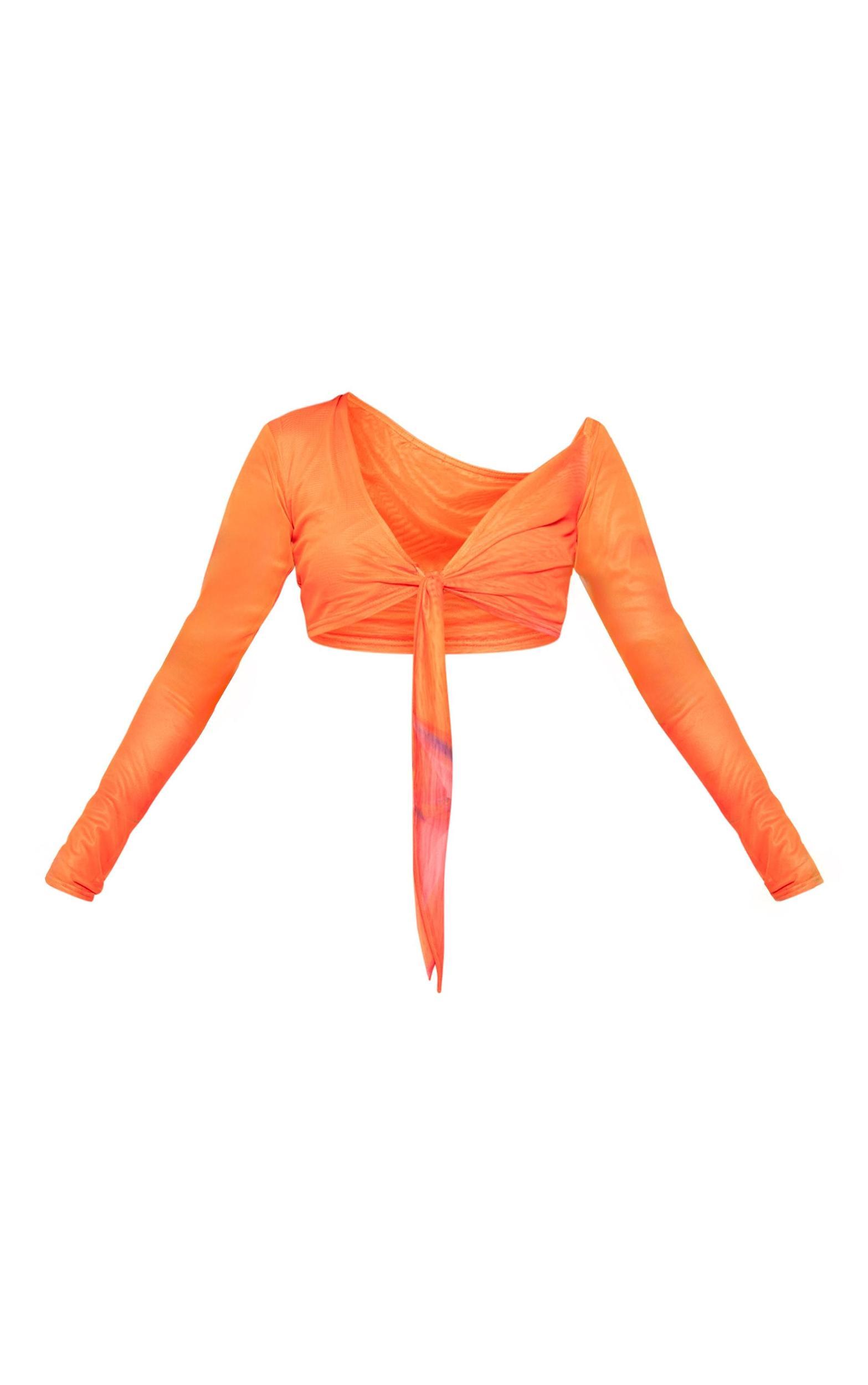 Pink Double Layer Abstract Print Mesh Tie Front Crop Top Product Image