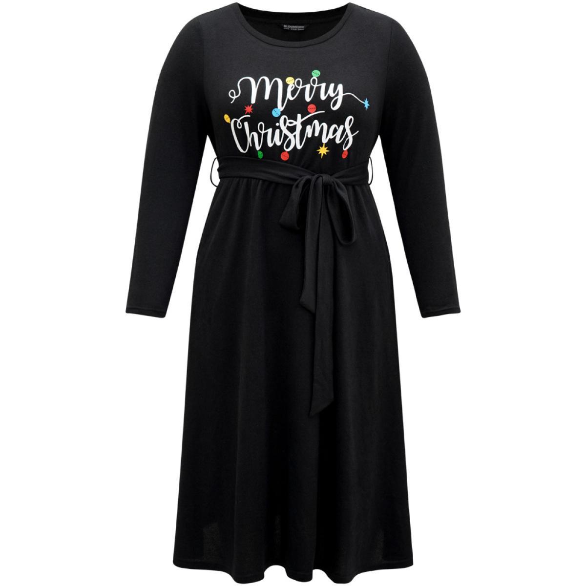 Plus Size Christmas Letter Print Elastic Waist Belted Dress Black Women Office Belted Curvy Midi Dress BloomChic 28/5X Product Image