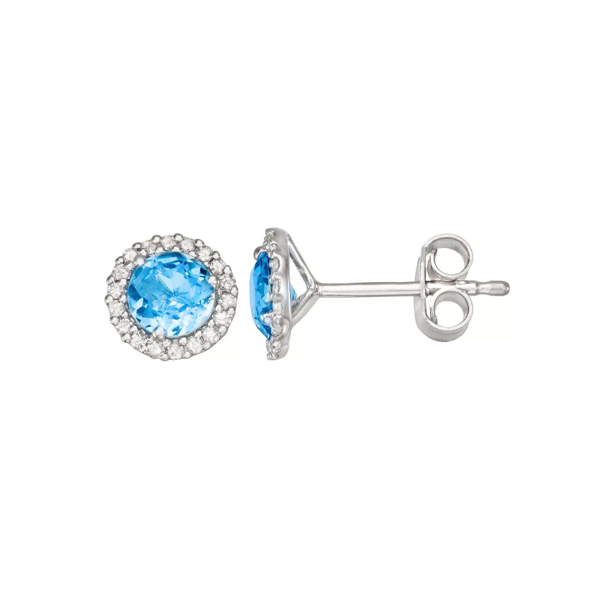 HDI 1/6 Carat T.W. Diamond & Blue Topaz Halo Stud Earrings, Women's, Sterling Product Image