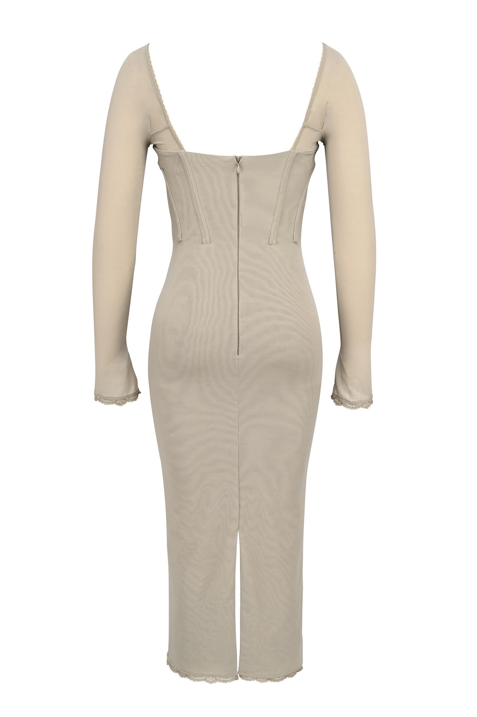Saisha  beige mesh long sleeve bodycon midi dress Product Image