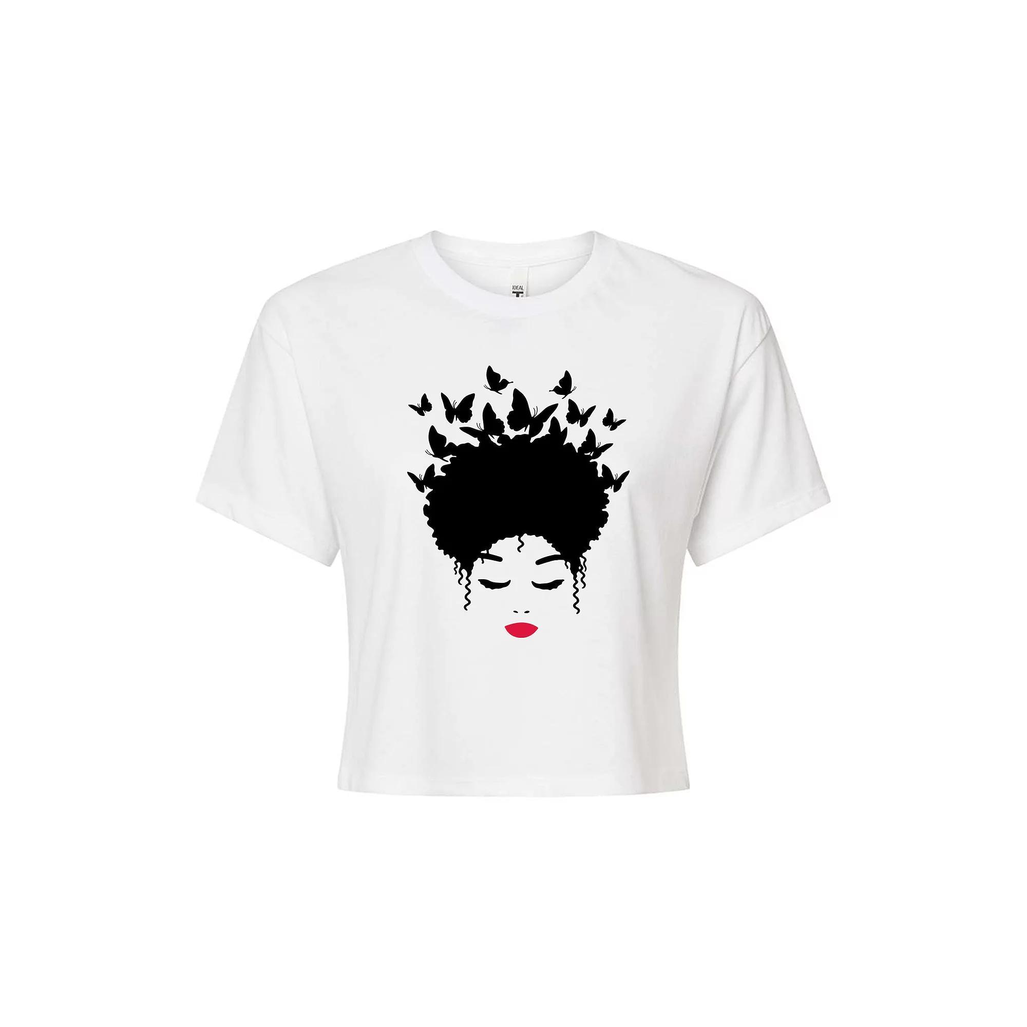 Juniors' Woman of Color Black Butterfly Hair Cropped Tee, Girl's, Size: XL, White Product Image