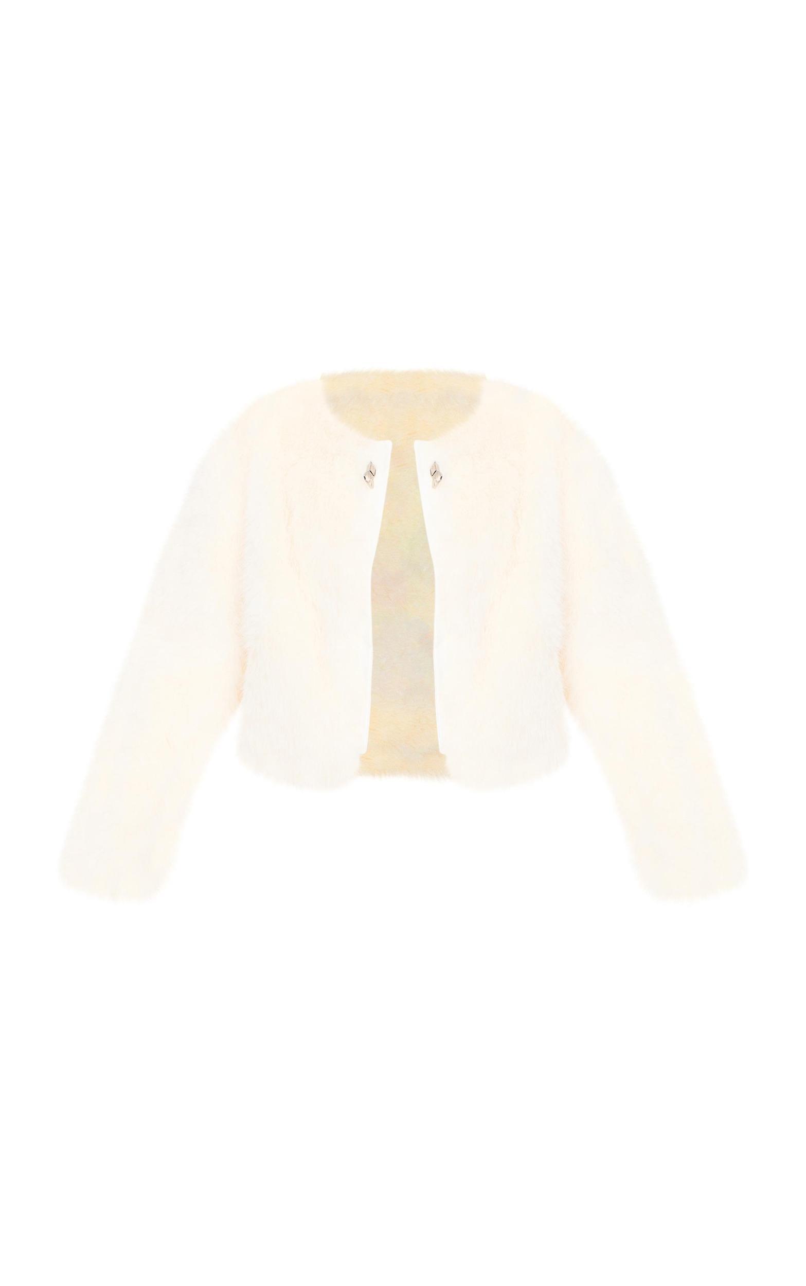Cream Metal Trim Detail Faux Fur Jacket Product Image