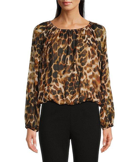 Calvin Klein Leopard Printed Crew Neckline Long Sleeve Blouse Product Image