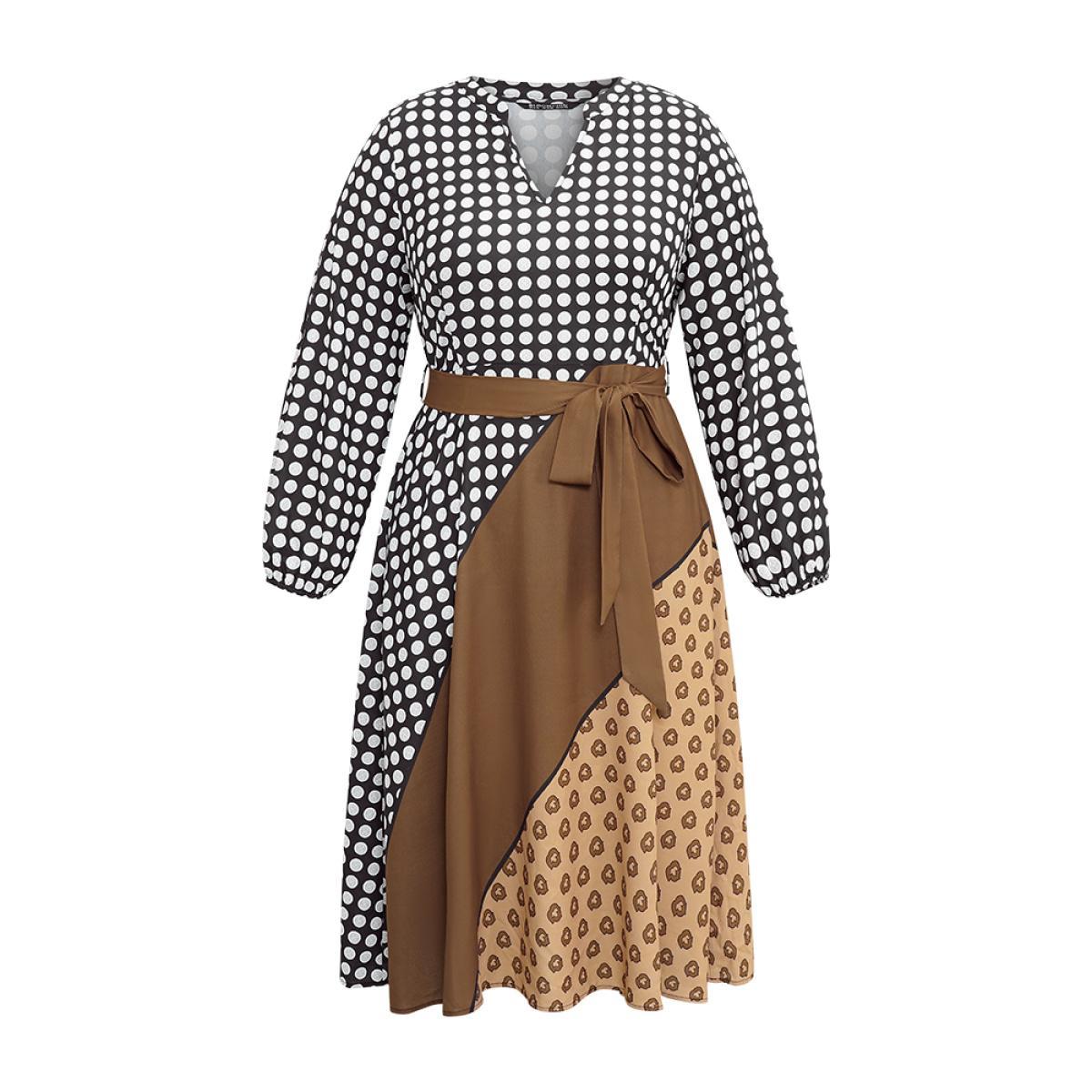 Plus Size Polka Dot Patchwork Colorblock Belted Notched Dress Multicolor Women At the Office Elastic cuffs Notched collar Long Sleeve Curvy Midi Dress BloomChic 10/M Product Image