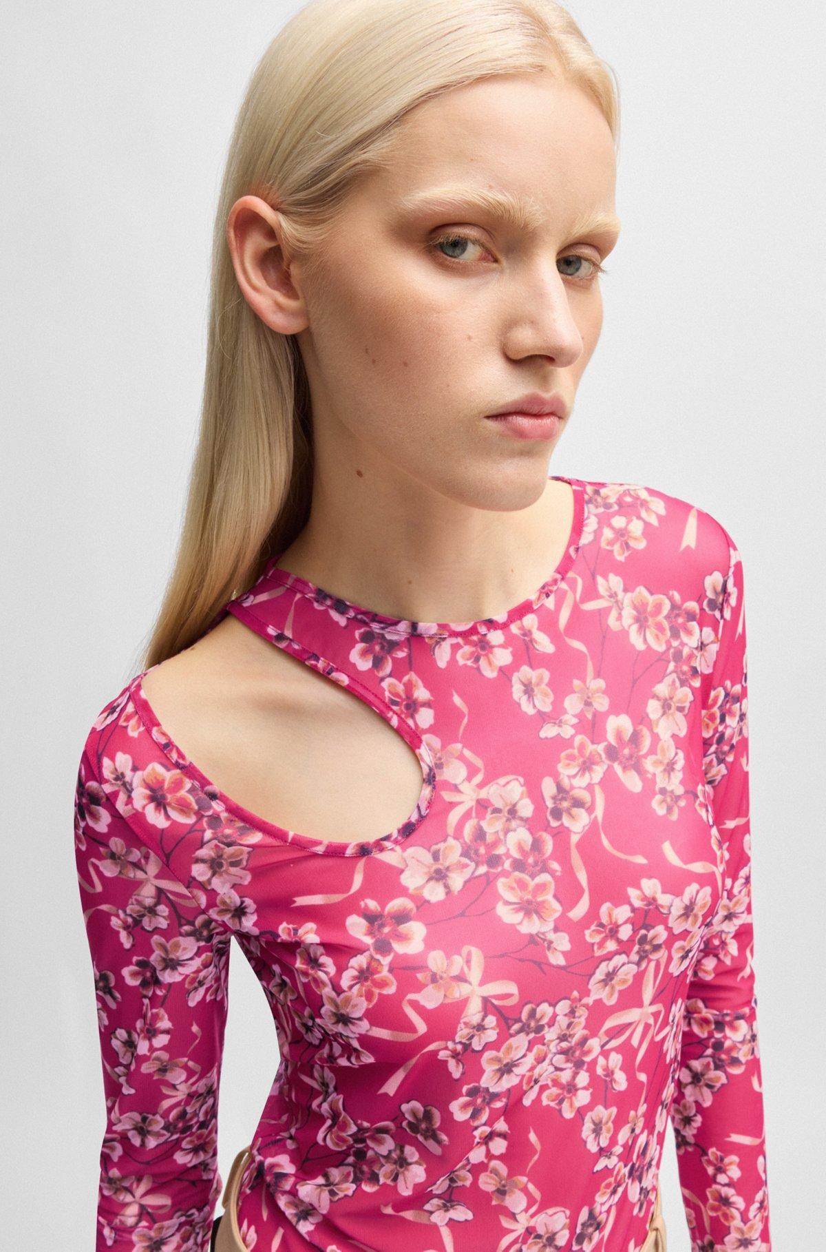 Houndstooth mesh top with cut-out neckline Product Image