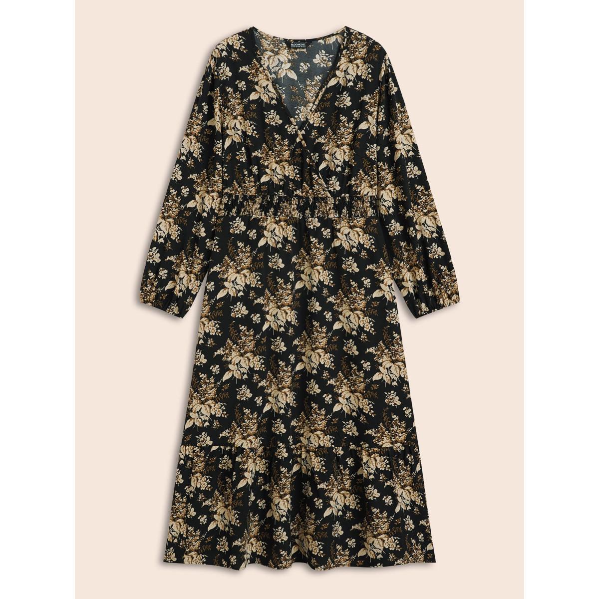 Plus Size Floral Overlap Collar Shirred Midi Dress BlackFlower Women Elegant Shirred Overlap Collar Long Sleeve Curvy BloomChic 26/4X Product Image
