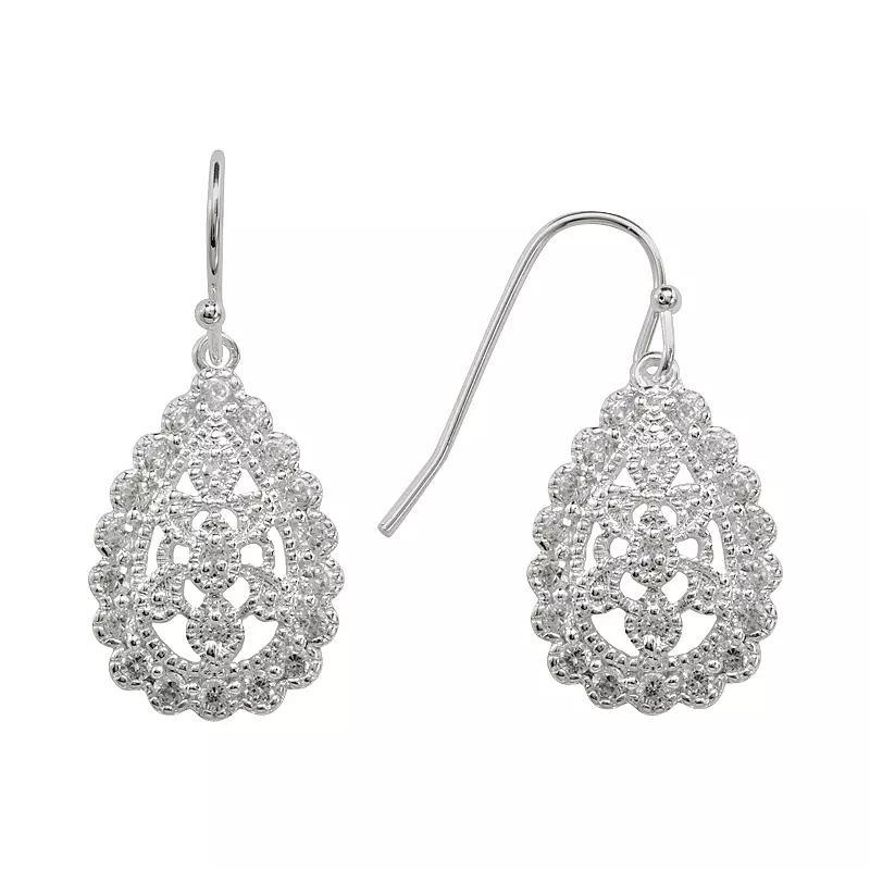 Silver Plated Cubic Zirconia Filigree Teardrop Earrings, Womens, Color Product Image