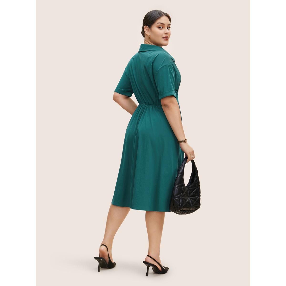 Plus Size Shirt Collar Pleated Button Detail Gathered Midi Dress Cyan Women Work From Home Gathered Shirt collar Short sleeve Curvy BloomChic 22-24/3X Product Image