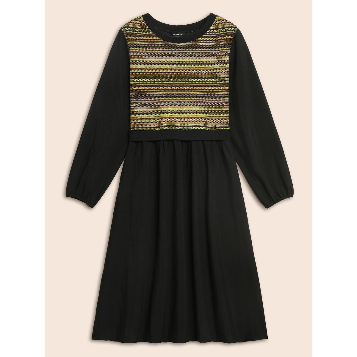 Plus Size Striped Patchwork Texture Lantern Sleeve Dress Black Women Elegant Texture Round Neck Long Sleeve Curvy BloomChic 12/L Product Image