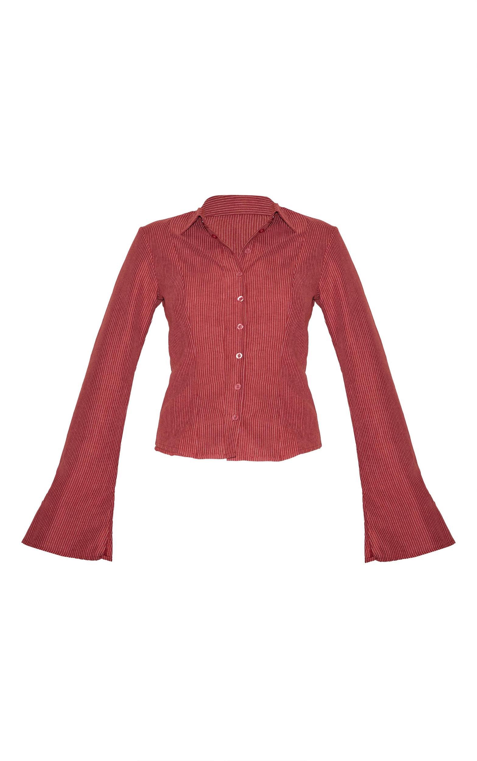  Burgundy Striped Peach Skin Fitted Shirt Product Image