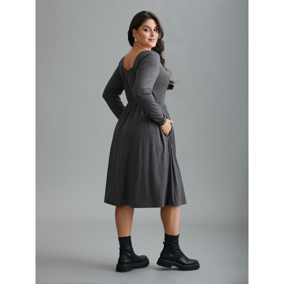 Plus Size Heart Neckline Knit Gathered Midi Dress DimGray Women Casual Gathered Knit Dresses Bloomchic 30/6X Product Image
