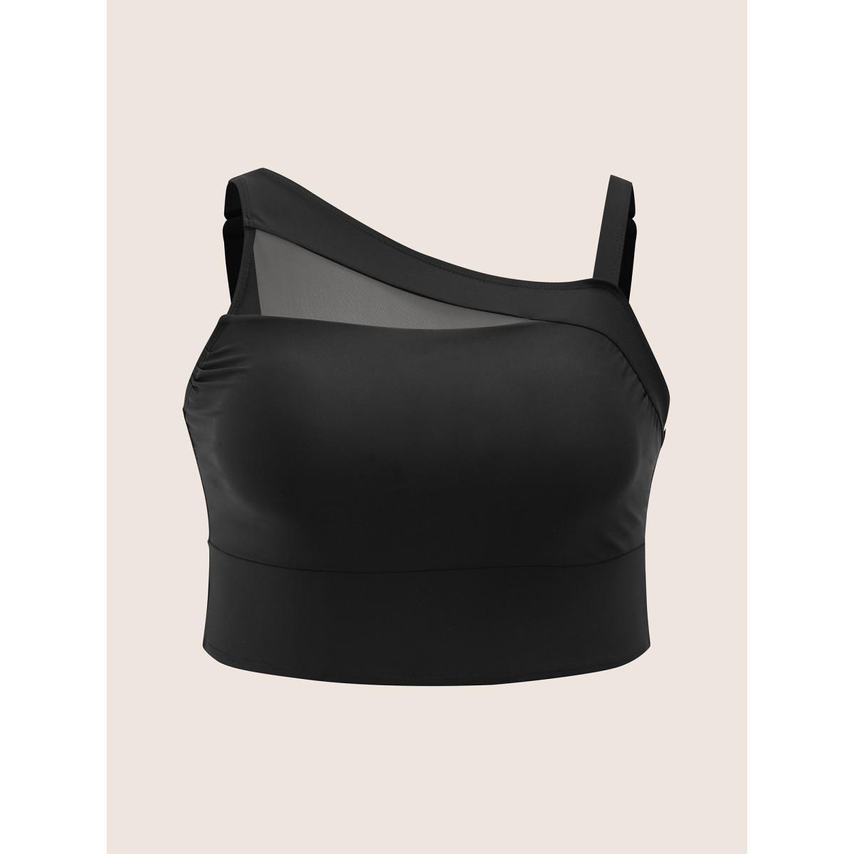Plus Size Asymmetrical Neck Mesh Patchwork Swim Top Women's Swimwear Black Beach See through High stretch Skinny Asymmetrical Neck Curve Swim Tops BloomChic 18-20/2X Product Image