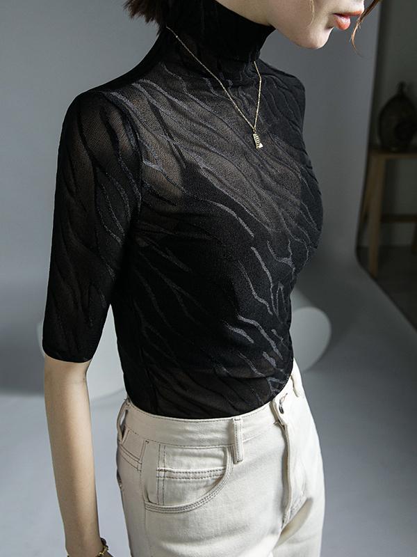 Half Sleeves Plus Size See-Through High Neck T-Shirts Tops Product Image