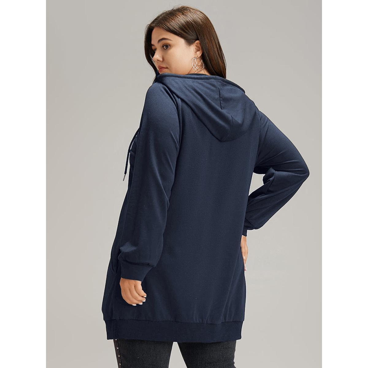 Plus Size Plain Zipper Hooded Drawstring Pocket Sweatshirt Women DarkBlue Casual Plain Hooded Dailywear Sweatshirts BloomChic 12/L Product Image