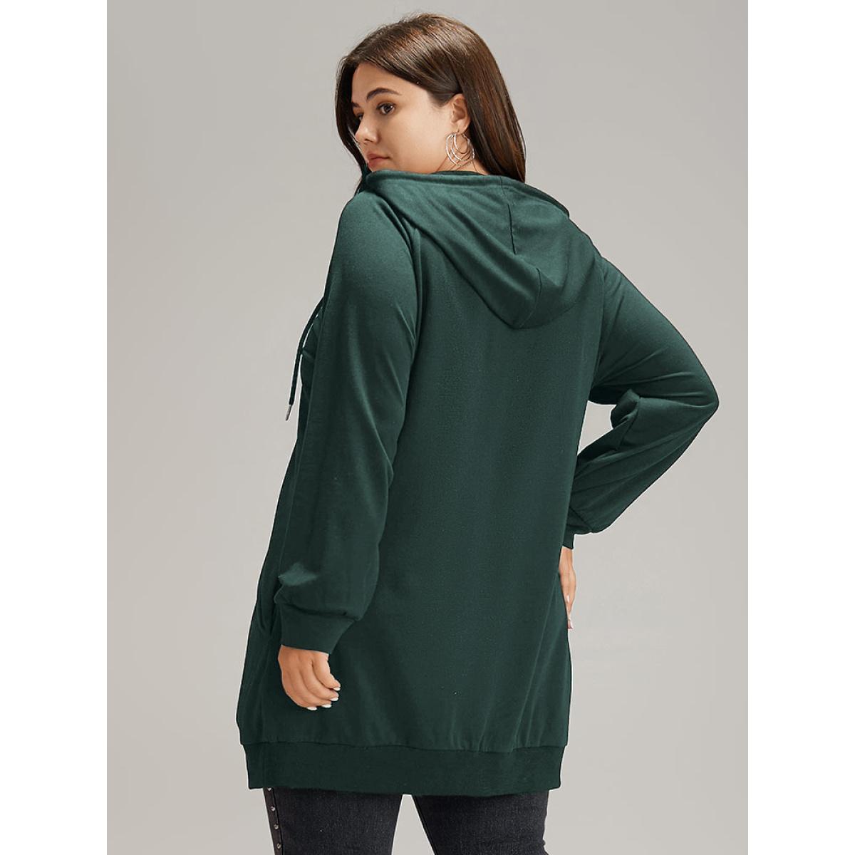 Plus Size Plain Zipper Hooded Drawstring Pocket Sweatshirt Women DarkBlue Casual Plain Hooded Dailywear Sweatshirts BloomChic 12/L Product Image