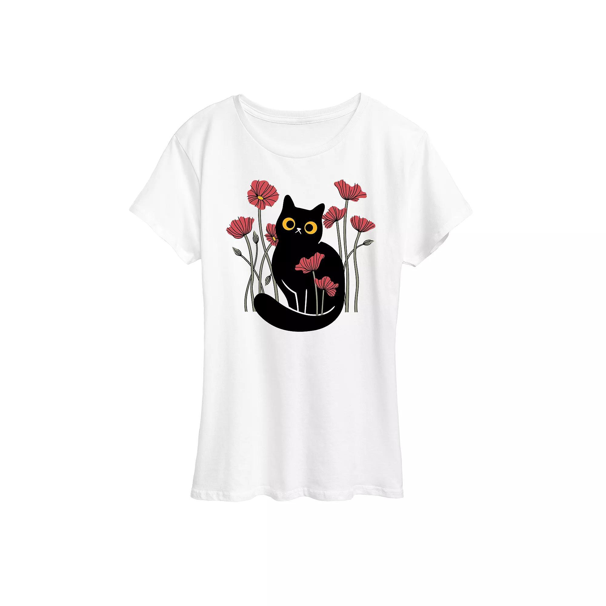 Womens Cat And Poppies Graphic Tee, Girls Product Image