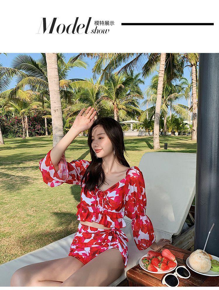 Couple-Matching 3/4-Sleeve Floral Print Tankini Top / Bottom / Swim Trunks/ Set Product Image