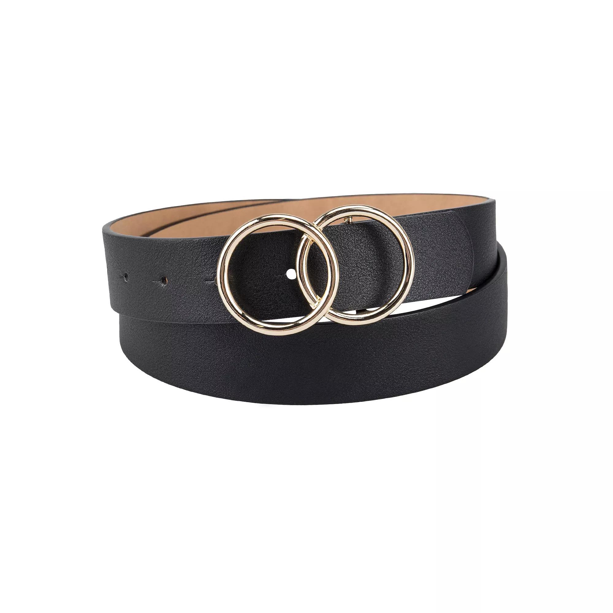 Womens LC Lauren Conrad Interlocking Double Circle Buckle Black Dress Belt Product Image