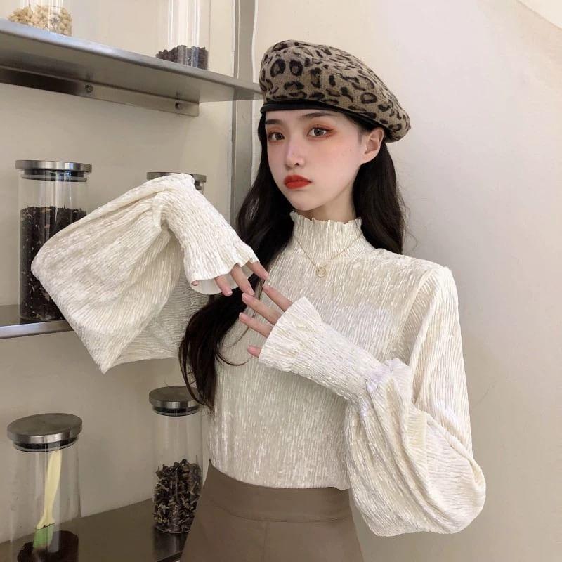 Long-Sleeve Mock Neck Plain Lace Blouse Product Image