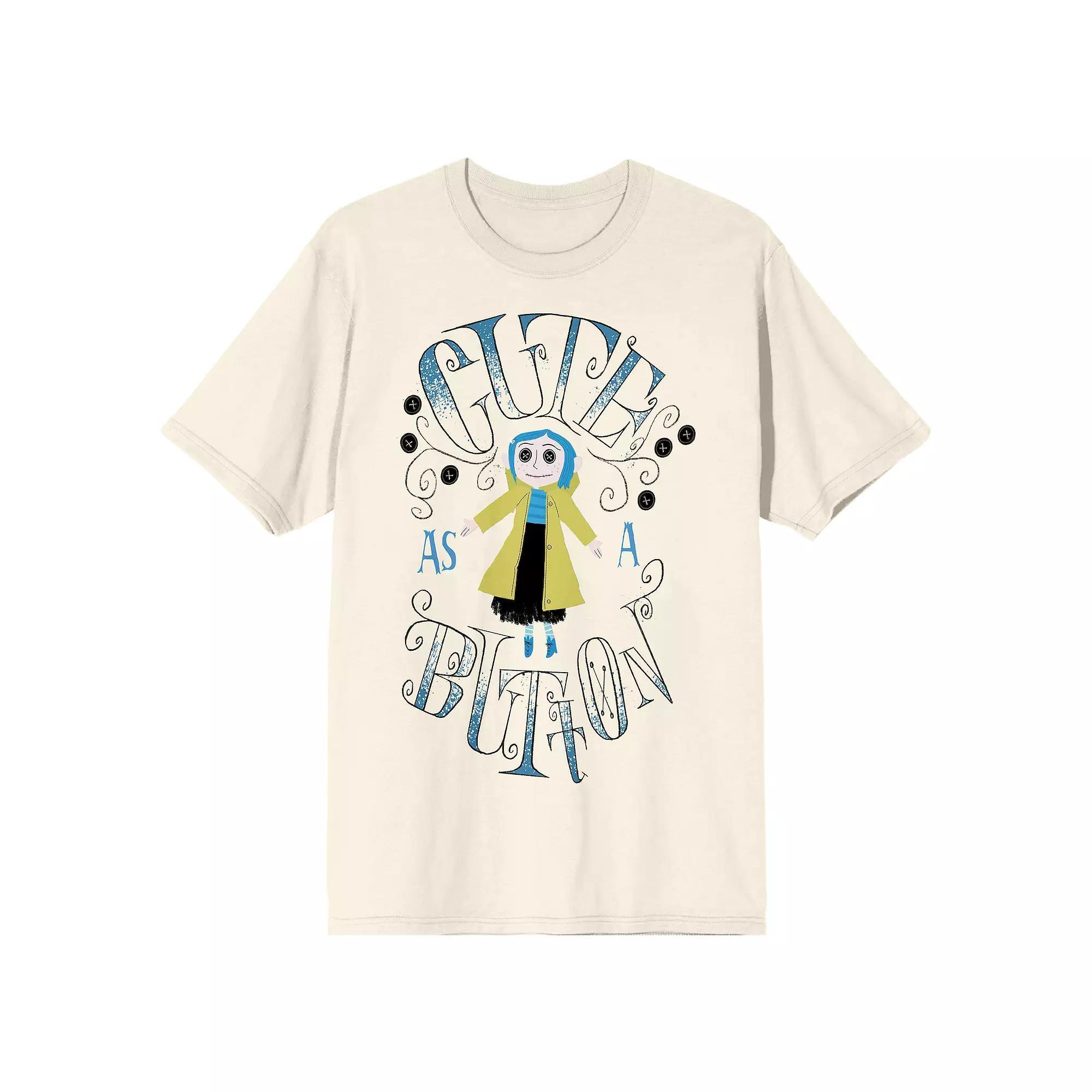 Men's Coraline Cute Button Short Sleeve Graphic Tee, Size: Small, Beig Green Product Image