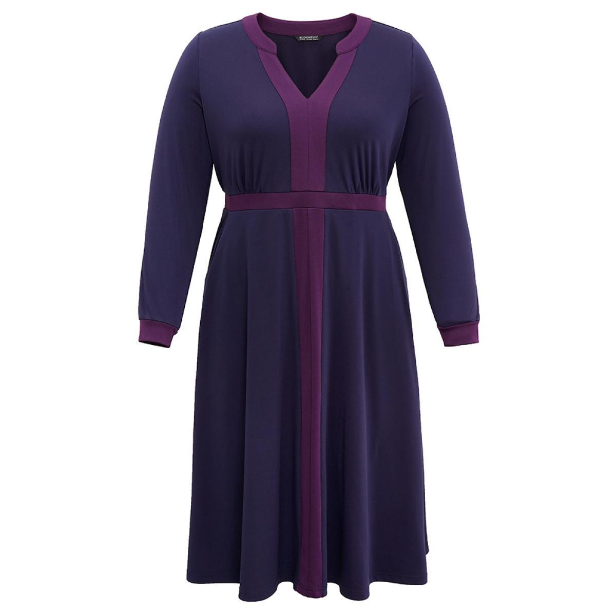 Plus Size Contrast Notched Gathered Elastic Waist Dress DarkBlue Women At the Office Contrast Notched collar Long Sleeve Curvy Midi Dress BloomChic 30/6X Product Image