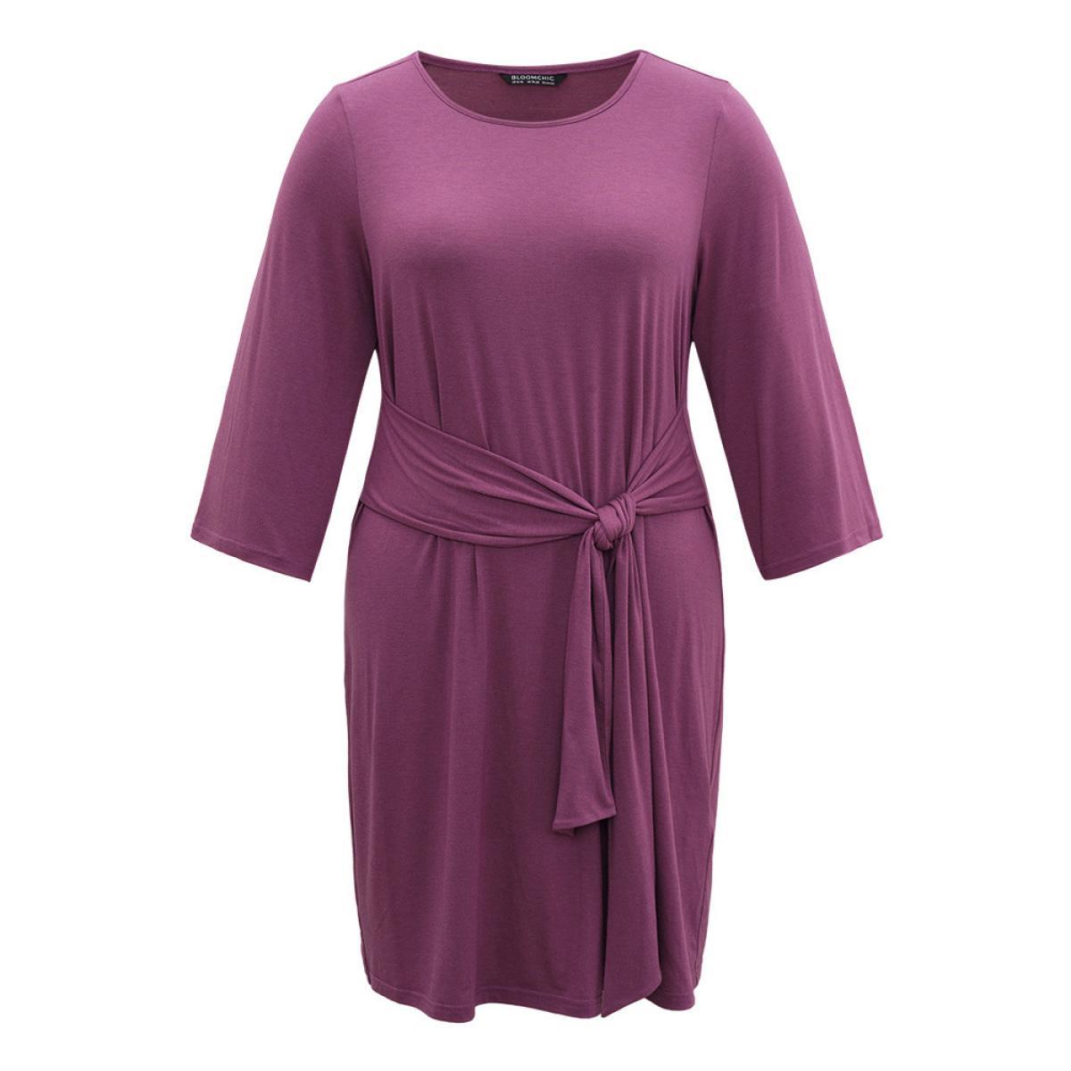 Plus Size Solid Ties Knot Round Neck Dress Mauve Women Basics Plain Round Neck Long Sleeve Curvy Midi Dress BloomChic 26/4X Product Image