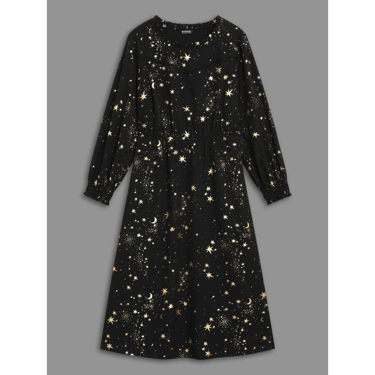 Plus Size Star Printed Lace Neckline Midi Dress Black Women Cocktail Frill Trim Party Curvy Bloomchic 18-20/2X Product Image