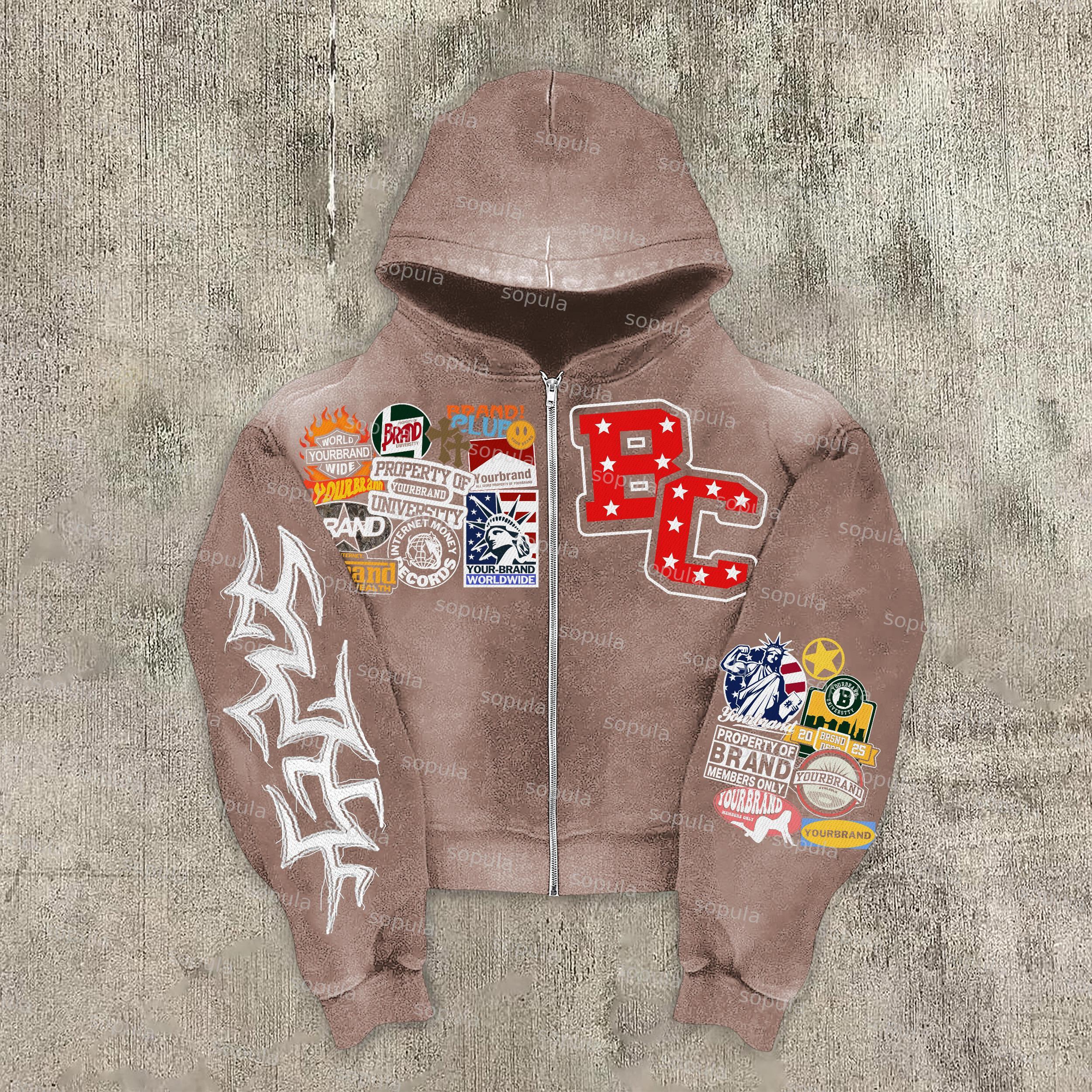 Sopula Relaxed Vintage Graphic Acid Washed Oversized Zip-Up Hoodie Product Image