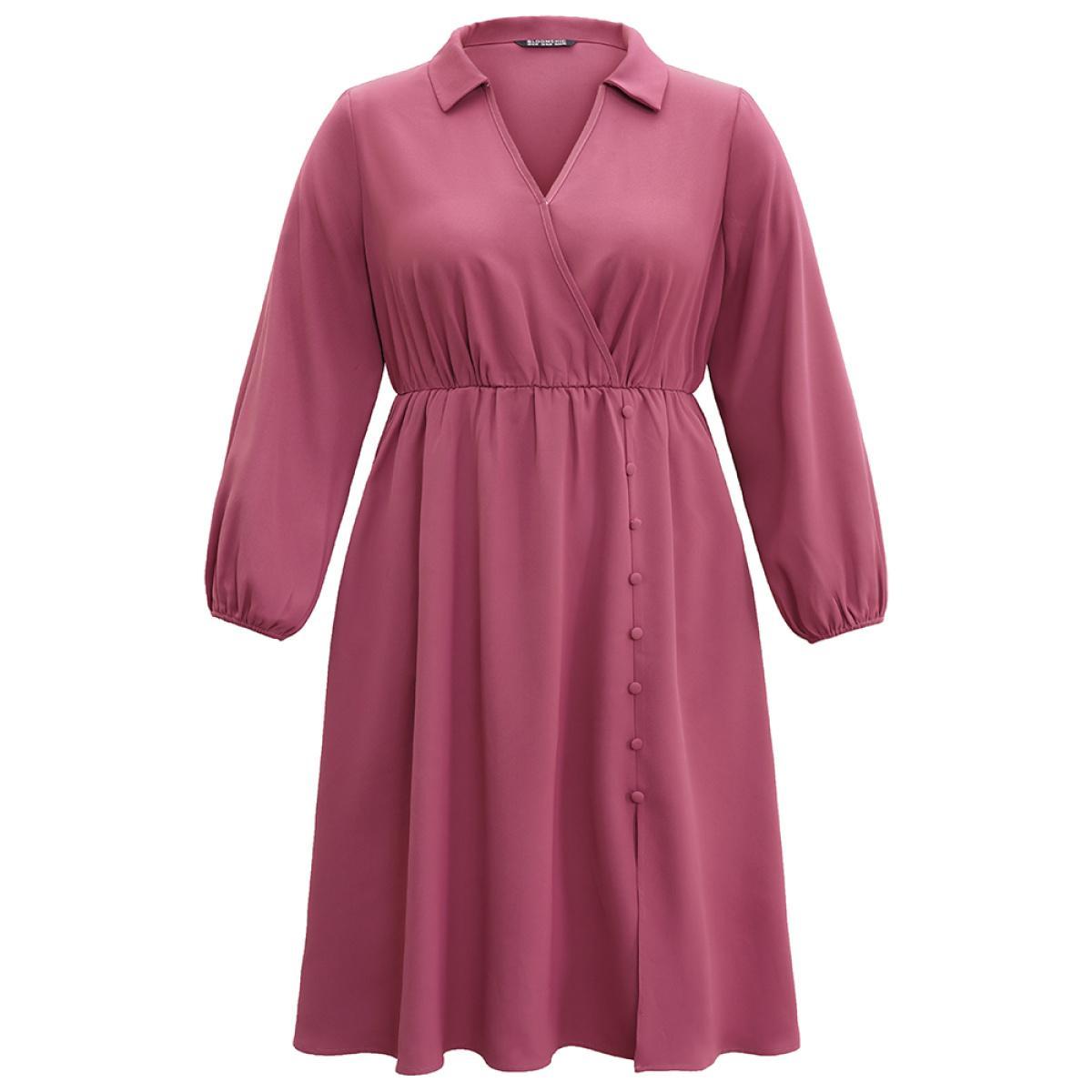 Plus Size Static-Free Solid Button Detail Split Hem Dress RedViolet Women Office Elastic cuffs Lapel Collar Long Sleeve Curvy Midi Dress BloomChic 10/M Product Image
