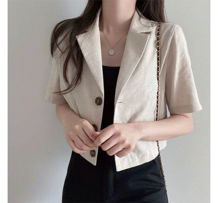 Short-Sleeve Plain Linen Crop Blazer Product Image