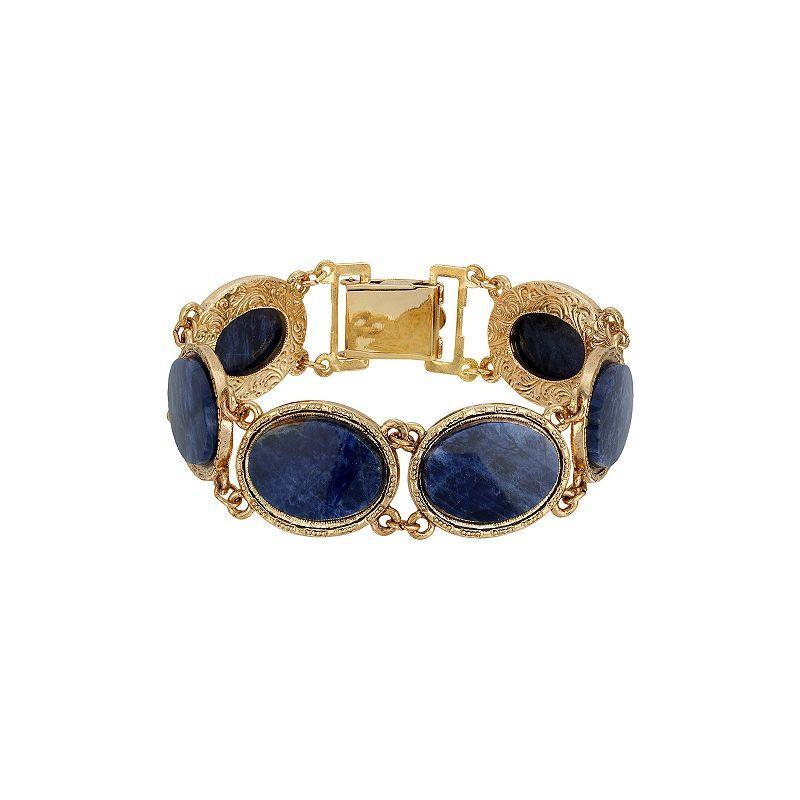 1928 Gold Tone Blue Sodalite Oval Stone Link Bracelet, Womens Product Image