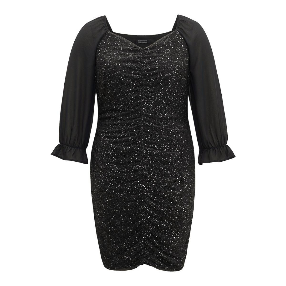 Plus Size Glitte Chiffon Square Neck Ruched Dress Black Women Party Gathered Square Neck Long Sleeve Curvy Knee Dress BloomChic 10/M Product Image